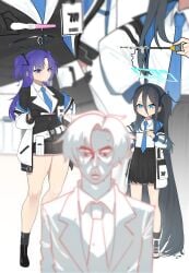 1boy 2girls :t absurdly_long_hair aris_(blue_archive) belt black_gloves black_hair black_hairband black_jacket black_shoes black_skirt blue_archive blue_eyes blue_necktie closed_mouth collared_shirt commentary cum dipstick gino_neko gloves hairband halo hand_on_own_hip holding holding_pregnancy_test holding_rod id_card jacket long_hair long_sleeves looking_at_another millennium_science_school_logo miniskirt multiple_girls necktie off_shoulder one_side_up open_clothes open_jacket pleated_skirt pout pregnancy_test purple_eyes purple_hair rod sensei_(blue_archive) shirt shoes sidelocks skirt sounding_rod standing two_side_up untranslatable_commentary v-shaped_eyebrows very_long_hair white_belt white_jacket white_shirt white_shoes yuuka_(blue_archive) zoom_layer