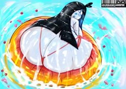 1girl artist_signature ass_focus big_ass black_hair blush cherry fat_ass female from_behind huge_ass inflatable_ring long_hair looking_back micro_bikini original original_character pale_skin petals pool_float ramone_(roockrt) red_thong roockrt simple_background solo splash thick_thighs thong urbanica water white_skin wide_hips