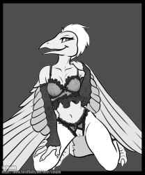 absurd_res black_and_white clothing digital_media_(artwork) dinosaucers dinosaur feathered_dinosaur feathered_scalie feathers genitals hi_res kinktober lingerie monochrome prehistoric_species reptile scalie snejek teryx_(dinosaucers) vulva winged_arms wings