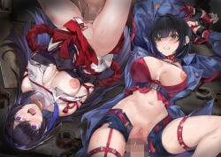 2boys 2girls 463_jun absurdres arms_behind_back arms_up bandeau bare_shoulders belt black_gloves black_hair black_leotard blue_hair blue_jacket blush bondage bound bound_arms breast_curtains breasts censored chains chaos_zero_nightmare chest_harness chinese_commentary chizuru_(chaos_zero_nightmare) choker clenched_hand clenched_teeth clothed_female_nude_male clothing_cutout commentary_request commission crying crying_with_eyes_open cuffs elbow_gloves fingerless_gloves garter_straps gloves green_eyes hair_between_eyes hair_over_one_eye hakama hakama_short_skirt hakama_skirt harness highres jacket japanese_clothes large_breasts leotard long_sleeves lying maebari medium_hair mind_break mole mole_under_eye mosaic_censoring multicolored_hair multiple_boys multiple_girls navel nipples nontraditional_miko nude ofuda ofuda_on_pussy on_back one_breast_out open_clothes open_jacket open_mouth open_shorts pliers purple_eyes pussy pussy_juice rape red_bandeau red_belt red_choker red_gloves red_hakama red_rope restrained rope saliva second-party_source sex shaded_face shadow short_shorts shorts sidelocks single_garter_strap skindentation skirt spiked_choker spiked_thigh_strap spikes stomach straight sweat tears teeth torn_clothes torn_jacket torn_leotard tressa_(chaos_zero_nightmare) two-tone_hair underbust vaginal_penetration variant_set