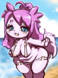 2024 3:4 anthro areola barely_visible_genitalia barely_visible_vulva bent_over big_breasts biped blue_eyes blush breasts canid canine canis clothed clothing cloud day digital_drawing_(artwork) digital_media_(artwork) diru domestic_dog female flesh_fang fluffy fluffy_tail front_view fur genitals hair hi_res horizon ineffective_clothing looking_at_viewer mammal mostly_nude mostly_nude_anthro mostly_nude_female nipple_slip nipples open_mouth open_smile pink_body pink_fur pink_hair ponytail seaside short_anthro shortstack shortstack_anthro shortstack_female skimpy skimpy_bikini slightly_chubby slightly_chubby_anthro slightly_chubby_female smile solo sun sunny tail three-quarter_view vulva