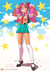 1girl absurdres anal anal_beads anal_object_insertion blue_eyes breasts dc dc_comics female female_only grin hair_ribbon highres justice_league large_breasts long_hair looking_at_viewer nipples object_insertion original pink_hair pleated_skirt ribbon school_uniform sex_toy sex_toy_pull shirt skirt smile socks solo starfire summer_uniform teen_titans tekuho thighhighs thighs twintails