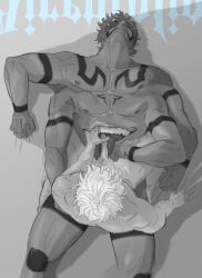 gay gay_sex gojou_satoru jujutsu_kaisen licking_penis male/male masturbation moaning muscular_male penetration ryomen_sukuna ryoumen_sukuna_(jujutsu_kaisen) satoru_gojo sitting_on_penis tongue twink white_hair yaoi