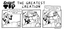 2boys anthro anthro_on_anthro blush blushing bulge bulge_through_clothing clothed clothing comic dialogue english_text erection gay male male/male male_only monster muscular muscular_male scientist spedumon text undead