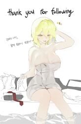 1girls bath bathing bathtub better_version_available blonde_hair blush breasts dante_(limbus_company) don_quixote_(limbus_company) don_quixote_(project_moon) dukge58 female folded_clothes full_body heart heart_eyes heart_in_eye highres holding jacket korean_text lance large_breasts letter limbus_company necktie nude open_mouth pants pool project_moon red_necktie shirt short_hair smile symbol_in_eye text towel undressing water wet white_background white_shirt yellow_eyes