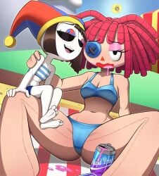 1boy 1girl 2girls ahegao ass_focus barefoot beach beach_towel beverage_can big_ass big_breasts bikini blue_bikini blush bright cleavage colorful_hair day dreadlocks drink drooling drunk duo faceless_male feet female glitch_productions gooseworx heart_eyes huge_ass jester jester_costume jester_hat large_breasts male mask micro_bikini multicolored_hat outdoors pale_skin pink_hair pink_liquid pomni_(beach_outfit) pomni_(the_amazing_digital_circus) ragatha_(beach_outfit) ragatha_(the_amazing_digital_circus) saliva sitting_on_lap sitting_on_person soda_can soles spilled_liquid string_bikini striped_bikini striped_sleeves stupid_sauce summer sunglasses sunlight sunny tagme the_amazing_digital_circus thick_thighs tongue_out wheatly101 white_skin wide_hips yuri