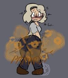 ass ass_focus bowel_sounds clutching_stomach dialogue fart fart_cloud fart_fetish farting female female_only grace_ashcroft onomatopoeia resident_evil resident_evil_9:_requiem solo stinkslutbunny stomach_noises watermark