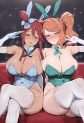 1girls 2girls aistomb ass blush brown_nipples brown_skin bunny_ears bunny_girl bunny_suit bunnygirl bunnysuit chubby chubby_female clothed clothed_female clothing collar couch couch_sitting eyes_half_closed eyes_half_open female fully_clothed gloved_hands gloves green_bodysuit green_bunnysuit green_clothing green_eyes green_nails gyaru half-closed_eyes large_breasts legs_crossed legs_together lesbian long_hair looking_at_viewer looking_down_at_viewer low_cut_top massive_breasts mature mature_female milf nail_polish nailpolish nails_painted nintendo orange_hair pale-skinned_female pale_skin peace_sign pokemon ponytail ponytail_female red_hair revealing revealing_breasts revealing_clothes revealing_clothing revealing_outfit salute side_ponytail sitting sitting_on_chair sitting_on_couch sitting_on_sofa skyla_(pokemon) slightly_chubby slightly_chubby_female sofa sonia_(pokemon) steam steaming_body sweat sweatdrop sweating sweaty sweaty_body tanned tanned_body tanned_female tanned_skin thick_thighs thigh_highs thighhighs thighs tie viewer_pov white_bunny_ears white_bunnysuit white_clothing white_gloves white_legwear yuri