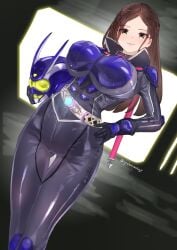 armor armored_female big_breasts bodysuit breasts brown_hair cycloneaction diagonal_angle gloves helmet jpeg kamen_rider kamen_rider_eins kamen_rider_girls_remix_(series) nayuta_mikazuki tokusatsu voluptuous voluptuous_female yellow_eyes