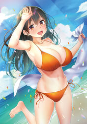 :d arm_up armpits bangs barefoot beach bikini black_hair blue_sky blush breasts choppiri_toshiue_demo_kanojo_ni_shite_kuremasu_ka?_~suki_ni_natta_jk_wa_27_deshita~ cleavage cloud collarbone dutch_angle eyebrows_visible_through_hair female female full-face_blush hair_between_eyes hand_up highres holding holding_towel horizon huge_breasts long_hair looking_at_viewer nanase_meruchi navel ocean official_art open_mouth orange_bikini orange_eyes orihara_hime round_teeth second-party_source side-tie_bikini sky smile solo standing standing_on_one_leg stomach sunlight swimsuit teeth tongue towel upper_teeth