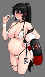 armband big_breasts bikini black_hair blush choker cleavage female female_only grey_background id_card iris_yuma lifeguard long_hair looking_at_viewer nipple_bulge ponytail pregnancy_test pregnant red_eyes scarlettear33 solo soul_worker swimsuit thigh_strap very_long_hair white_bikini wristband