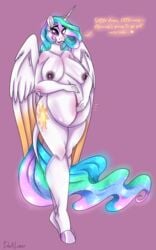 absurd_res alicorn anthro bodily_fluids darklunar equid equine feathered_wings feathers female friendship_is_magic hair hasbro hi_res horn horse mammal multicolored_hair my_little_pony nude pregnant pregnant_female princess_celestia_(mlp) solo white_body wings