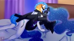 1080p 16:9 alicorn anthro anthrofied armor bed blue_eyes blue_hair crossed_legs cutie_mark dark_persona duo embrace equid equine ethereal_hair ethereal_mane ethereal_tail eyeshadow female friendship_is_magic from_front_position furniture galea hair hasbro headgear helmet hi_res horn hug leg_hug lying makeup male male/female mammal missionary_position my_little_pony nightmare_moon_(mlp) on_back on_bed princess_luna_(mlp) pseudo_hair pseudo_mane purple_eyeshadow royal_guard_(mlp) sex widescreen wings xjenn9