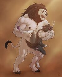 2boys balls bodily_fluids cum domestic_cat duo felid feline felis genital_fluids genitals hi_res lion male male/male mammal muscular nipples pantherine sex size_difference stomach_bulge wulfiewilk yaoi