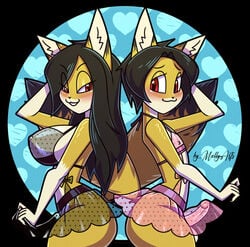 aj_(ajvulpes) alexis_(ajvulpes) anthro back_to_back balls big_breasts black_body black_clothing black_fur black_hair blue_heart blush bottomwear bra breasts button_nose canid canine circle_background clothed clothing crossdressing duo embarrassed erection eyebrows female fox fur genitals girly hair hand_behind_head hi_res lingerie long_hair male male/female mammal mellyarts multicolored_body multicolored_fur nipples penis pink_clothing raised_tail red_eyes short_hair skirt smile translucent translucent_clothing underwear white_body white_fur yellow_body yellow_fur