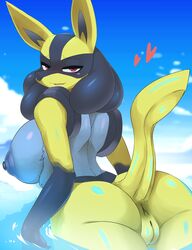 2021 absurd_res alternate_color anthro anthrofied anus areola ashraely ass bedroom_eyes big_breasts blue_body blue_fur blue_nipples breasts canid canine cleft_of_venus cloud curvy_figure digital_media_(artwork) female female_lucario fur furry furry_only genitals half-closed_eyes heart hi_res huge_breasts looking_at_viewer looking_back looking_back_at_viewer lucario mammal multicolored_body multicolored_fur narrowed_eyes nintendo nipples nude open_mouth outside partially_submerged pokemon pokemon_(species) pussy raised_tail rear_view red_eyes seductive shaded shiny_pokemon side_boob sky solo standing tail thick_thighs video_games voluptuous water wide_hips yellow_body yellow_fur