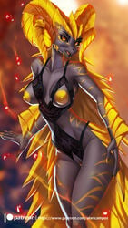 5_fingers alanscampos anthro breasts capcom claws clothed clothing digital_media_(artwork) elder_dragon female fingers genitals hi_res horn kulve_taroth lingerie looking_at_viewer mammal monster_hunter nipples open_mouth partially_clothed patreon pussy simple_background smile solo text tongue url video_games yellow_claws yellow_eyes yellow_horn yellow_nipples yellow_pussy yellow_tongue