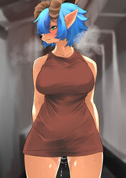 absurd_res anthro big_breasts blue_hair blush bodily_fluids breasts breath cervid clothing doris_(sleepiness18) dress female genital_fluids green_eyes hair hi_res horn mammal pussy_juice sleepiness18 solo sweat