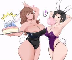 2girls alessandra_(comicomryu) alternate_version_available animated ass big_ass big_breasts big_butt big_nipples black_hair breasts brown_hair bunny_ears bunny_tail bunnysuit butt cake comicomryu delicia_(comicomryu) female female_only green_eyes heart image nipple_piercing nipples only_female ryumxr tomboy twitter white_background woman