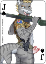 2021 anthro ass australian_flag awp bottomless camo card clothed clothing diphallia diphallism dorsal_fin english_text erection fin fish fonyaa genitals glans glock gun handgun hi_res horizontal_diphallism humanoid_genitalia humanoid_penis licking licking_lips looking_at_viewer male marine military multi_genitalia multi_penis penis pistol playing_card ranged_weapon requiem_shark rifle shark shirt simple_background sniper_rifle solo standing stripes text tiger_shark tongue tongue_out topwear weapon white_background