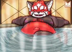 2021 ailurid anthro balls bathing belly black_body closed_eyes cute_fangs flaccid genitals hi_res humanoid_genitalia humanoid_penis lifewonders male mammal moobs navel nipples overweight overweight_male penis red_body red_panda red_panda_mirr sitting solo tokyo_afterschool_summoners video_games water young zhurong_(tokyo_afterschool_summoners)