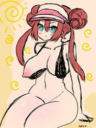 1girls bangs big_breasts blue_eyes blush bottomless bra breasts brown_hair curvy double_bun female female_only ichivo ichivo_caguai looking_at_viewer mostly_nude navel nintendo nipple one_breast_out pokemon pokemon_bw2 rosa_(pokemon) simple_background sitting thick_thighs twintails visor wide_hips