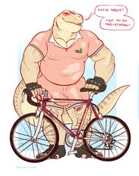 2021 absurd_res anthro belly bicycle big_bulge big_muscles big_penis blue_background bodily_fluids border bottomwear bulge clothed clothing dialogue dinosaur fingerless_gloves footwear foreskin french_text front_view genital_fluids genital_outline genitals gloves gradient_background handwear hi_res humanoid_genitalia humanoid_penis looking_at_viewer louis_(serex) male male_only musclegut muscular muscular_anthro muscular_male navel_outline nipple_outline penis penis_outline penis_through_leghole poking_out precum reptile scalie serex shirt shorts simple_background smile solo standing sweat talking_to_viewer text theropod toeless_footwear topwear translated tyrannosaurid tyrannosaurus tyrannosaurus_rex url white_border