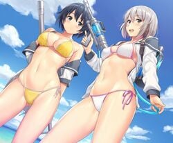 2girls arms_behind_back ass_visible_through_thighs bangs bare_shoulders beach bikini black_eyes black_hair blue_sky blush breasts cleavage cloud contrapposto cowboy_shot day dutch_angle from_below grey_eyes horizon looking_to_the_side medium_breasts multiple_girls navel ocean off_shoulder open_clothes open_mouth open_shirt original outdoors sailor_collar sailor_shirt sawada_yuusuke shirt shochuumimai short_hair side-tie_bikini silver_hair sky smile standing strap_gap swimsuit water water_gun white_bikini yellow_bikini