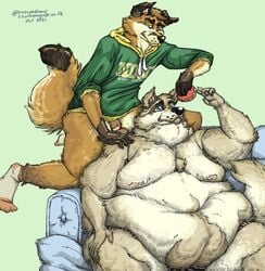 anthro balls belly_overhang body_hair boxers_(clothing) canid canine canis clothing coyote feeding flaccid fox genitals happy_trail hi_res hoodie male male/male mammal moobs obese obese_male overweight overweight_male penis size_difference southernyote topwear underwear