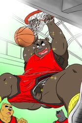 2021 2:3 anthro armpit_hair ball balls basketball basketball_(ball) basketball_uniform black_body black_nose body_hair bottomwear canid canine canis clothing domestic_dog flaccid genitals group hi_res humanoid_genitalia humanoid_hands humanoid_penis inside kemono male male_only mammal overweight overweight_male penis pubes shibatanukiti shorts small_penis sportswear uniform ursid