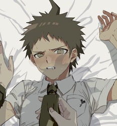 2boys danganronpa danganronpa_2:_goodbye_despair gay hinata_hajime looking_at_viewer male male/male male_focus male_only male_pov nagito_komaeda on_back on_bed on_top pov solo_focus straight_hair tie_pull yaoi