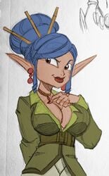 1girls and bangs big_breasts big_ears big_lips blue_hair breasts brown_eyes brown_lips brown_lipstick cleavage color colored colored_sketch curvaceous curvy curvy_figure dark_hair ear_piercing earrings female female_focus female_only funsexydragonball hair hair_bun hair_ornament hips hourglass_figure jak_and_daxter jak_x:_combat_racing large_breasts lips lipstick long_ears long_hair piercing piercings plain_background rayn rayn_(jak_and_daxter) sketch smile smiling solo solo_focus standing tied_hair voluptuous white_background wide_hips