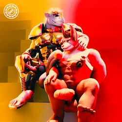 1:1 3d_(artwork) abs anthro armor balls biceps big_balls big_penis blender_(software) clothed clothing digital_media_(artwork) dragoon1909 duo duo_focus ears_up erection feet genitals glans gloves grin group hair hands_on_neck handwear harness hi_res horn humanoid_genitalia humanoid_penis latex_gloves male male/male mammal muscular muscular_anthro muscular_male n0rdbara nipples nude pecs penis rhinocerotoid rubber rubber_clothing rubber_suit simple_background smile stairs vein veiny_penis