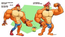 1boy 2020 4_fingers abs activision anthro badroy bandicoot bara big_muscles bottomwear bulge clothing crash_(series) crash_bandicoot eight_pack english_text fingerless_gloves fingers flexing flexing_muscles food fruit fur furry furry_only gloves green_background growth hair handwear himbo himbofication judging lips male male_only mammal marsupial mostly_nude muscle_growth muscular muscular_anthro muscular_arms muscular_legs muscular_male nervous offscreen_character pants pecs plant red_hair scolding shaded simple_background solo thick_lips torn_bottomwear torn_clothing torn_gloves torn_handwear torn_pants torn_shoes transformation video_games watermark wumpa_fruit