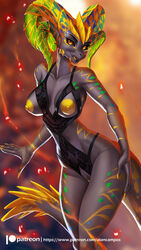 5_fingers alanscampos anthro breasts capcom claws clothed clothing digital_media_(artwork) elder_dragon female fingers genitals hi_res horn kulve_taroth looking_at_viewer mammal monster_hunter nipples open_mouth partially_clothed patreon pussy simple_background smile solo text tongue url video_games yellow_claws yellow_eyes yellow_horn yellow_nipples yellow_pussy yellow_tongue