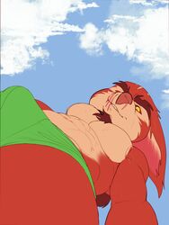 absurd_res anthro belly big_abs big_biceps big_bulge big_ears big_nose big_pecs bitter_(bristol) blue_sky bristol bulge chin_tuft chua clothed clothed_anthro clothed_male clothing cloud colored day digital_drawing_(artwork) digital_media_(artwork) dutch_angle ear_tuft eyebrows facial_scar facial_tuft fan_character flat_colors fluffy_ears green_speedo half-length_portrait hi_res lip_scar long_pseudo_hair looking_down_at_viewer low-angle_view male mammal mouth_scar muscular muscular_anthro muscular_male nose_scar open_mouth open_smile orange_arms orange_ears orange_face orange_legs orange_pseudo_hair outside pecs pink_inner_ear pink_nose portrait pseudo_hair red_eyebrows red_sclera scar selfie skimpy sky smile smiling_at_viewer solo standing tan_belly tan_chest tan_face tan_inner_ear thick_eyebrows topless topless_anthro topless_male tuft two_tone_face two_tone_inner_ear wildstar yellow_eyes