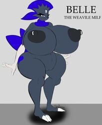 anthro ass belle_the_weavile_milf big_breasts big_butt black_body blue_body blue_feathers blue_tattoo bodily_fluids breast_milking breasts english_text feathers female gem generation_4_pokemon genitals huge_breasts huge_butt lactating mammal mature_female milf mustelid musteline nintendo pokémon_(species) pokemon pokemon_(species) pussy riku9797 smile solo tattoo text video_games weavile white_hands