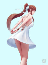 1girls absurd_res absurdres artist_name ass ass_up back back_view backboob backside bare_shoulder big_ass big_butt bracelets breasts brown_hair cleavage constrained curvaceous curvy doki_doki_literature_club dress dress_lift eyebrows_visible_through_hair eyelashes female female_focus female_only girl green_eyes hair hair_between_eyes hair_ribbon hi_res human inscription large_ass lips looking_at_viewer looking_back makeup medium_ass medium_breasts medium_hair monika_(doki_doki_literature_club) no_bra no_panties open_eyes otm_g ponytail posing signature simple_background skirt smile solo solo_female solo_focus standing standing_position straight stretching uncut underwear very_long_hair voluptuous white_body white_bow white_dress white_skin white_skirt