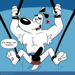 1:1 absurd_res anal anthro blue_eyes bondage bound canid canine canis clothing dildo domestic_dog dudley_puppy erect_penis heart hi_res ismcartoons male mammal muscular nickelodeon sex_toy solo t.u.f.f._puppy text text_on_clothing text_on_underwear underwear