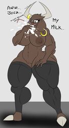 anthro ass big_breasts big_butt bovid bovine breasts brown_body brown_fur clothing ear_piercing english_text european_mythology female footwear footwear_only fur genitals greek_mythology hi_res horn long_socks mammal milk minotaur minotaur_female mostly_nude mythology piercing pussy riku9797 socks socks_only solo straw text