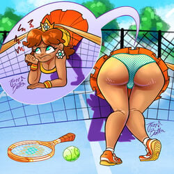 1girls accidental_exposure annoyed ass big_ass big_breasts female female_only jazzbatter mario_(series) mario_tennis nintendo outdoors panties pantyshot princess_daisy signature solo source_request stuck tennis_ball tennis_racket tennis_uniform underwear upskirt