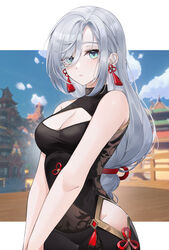 1girls absurd_res big_breasts black_bodysuit blue_eyes blush bodysuit boob_window braid braided_hair breasts cleavage detailed_background earrings female genshin_impact hair_over_one_eye hi_res highres hips huge_breasts large_breasts lebring long_hair looking_at_viewer see-through see-through_clothing shenhe_(genshin_impact) shoulders small_waist solo thick thick_thighs thighs tight_clothing waist white_hair wide_hips