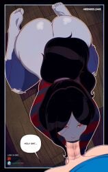1boy 1boy1girl 1girls adventure_time ascended_cake ass ass_crack big_ass black_hair blowjob blue_shirt english_text feet fellatio fellatio_pov finn_the_human grey_body kneeling lipstick lipstick_on_penis lipstick_ring marceline marceline_the_vampire_queen oral oral_sex ponytail red_eyes ripped_clothing speech speech_bubble text vampire veiny_penis white_skinned_male