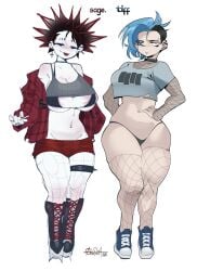 2girls anor3xia ass big_ass big_breasts big_penis bikini bikini_top black_flag black_thong blue_hair blush breasts choker female first_person_view fishnet_armwear fishnet_legwear fishnet_stockings fishnets half-dressed jean_shorts nipple_piercing no_pants original_character piercing piercings plaid_clothes punk punk_girl punk_hair red_hair red_shorts sage_(anor3xia) spiked_hair spiked_legwear spiky_hair tattoo tattooed_arm thick_thighs thong tiff_(anor3xia) two_tone_hair