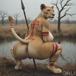 ai_generated anthro anus big_butt breasts felid feline female furry lioness oxandi pussy realistic spear squatting tail