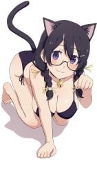 1girls :3 absurdres all_fours animal_ear_fluff animal_ears anime_nose barefoot bell bikini black_bikini black_collar black_hair black_tail blush bow braid braided_hair braided_sidelocks braids breasts cat_bell cat_ears cat_girl cat_hair_ornament cat_tail cleavage closed_mouth collar commentary_request crawling dark_hair dark_purple_eyes double-parted_bangs eyewear female female_only glasses hair hair_between_eyes hair_clip hair_ornament hairbow hairclip hairpin hanekawa_tsubasa highres kemonomimi_mode large_breasts light-skinned_female light_skin long_hair long_tail looking_at_viewer low-tied_sidelocks megane monogatari_(series) multiple_hairpins na-suke neck_bell paw_pose purple_eyes shadow short_braids side-tie_bikini sidelocks simple_background smile solo split_mouth staring_at_viewer swimsuit tail tareme under-rim_eyewear under-rim_glasses white_background yellow_bow