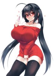 1girls ahoge azur_lane bare_shoulders big_breasts black_hair black_legwear black_thighhighs blush female female_only huge_breasts long_hair long_sleeves looking_at_viewer off_shoulder pregnancy_test red_eyes smile solo solo_female sub-res sweater sweater_dress taihou_(azur_lane) thighhighs twintails very_long_hair wedding_ring zettai_ryouiki