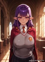 1girl 2026 ai_generated anime arms_behind_back bangs black_skirt boobs breasts candle cape cleavage closed_mouth collared_shirt covered_nipples crossover ear_piercing earrings elf esil_radiru eye_contact facial_mark facial_tattoo female female_focus highres hogwarts_school_uniform huge_breasts indoors inside jewelry large_breasts long_hair looking_at_viewer medium_hair necktie neutral_expression nsfw patreon patreon_username piercing pleated_skirt pointy_ears purple_hair red_cape red_eyes rognezart school_uniform shirt skirt smile smiling solo solo_leveling striped_necktie sweater very_long_hair