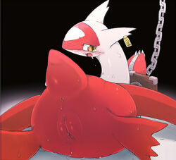 anus blush bodily_fluids chained chains ear_tag female feral genitals kimubota latias legendary_pokémon nintendo no_humans pokemon pokemon_(species) pokemon_only pussy solo sweat tears video_games