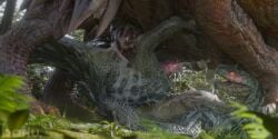 2:1 2_penises 3d_(artwork) absurd_res anal anal_sex animal_genitalia animal_penis barlu blender_(artwork) blue_body blue_scales bodily_fluids capcom claws cum cum_everywhere cum_in_ass cum_inside cum_on_belly cum_on_body cum_on_chest cum_on_face cum_on_leg cum_on_penis cum_on_self cum_on_tail day digital_media_(artwork) duo elder_dragon erection faceless_character faceless_feral faceless_male fanged_wyvern fangs feral feral_on_feral fern foot_on_belly forest genital_fluids genital_slit genitals grass hemipenes hi_res knot knotted_penis lying male male/male messy monster_hunter multi_genitalia multi_penis multicolored_body on_back on_grass on_ground open_mouth outside penetration penile penile_penetration penis penis_in_ass plant pupils red_body red_eyes red_scales scales slit_pupils tail teeth teostra tobi-kadachi toe_claws tongue tree